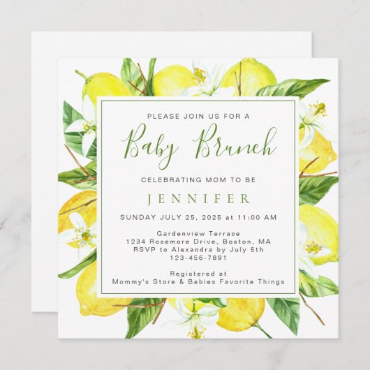 Elegant Waterverf Lemon Botanische Baby Brunch Kaart (Voorkant / Achterkant)