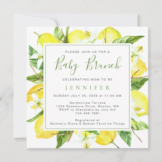 Elegant Waterverf Lemon Botanische Baby Brunch Kaart (Voorkant)