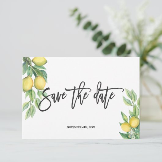 Elegant Waterverf Lemon Tropical Wedding Save The Date (Staand voorkant)