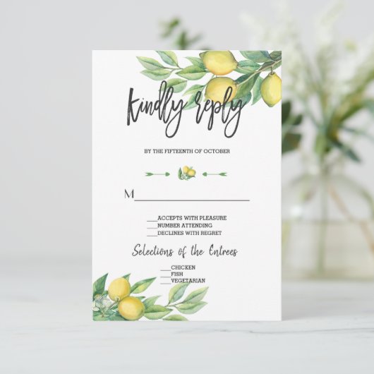 Elegant Waterverf Lemon Wedding Handwriting RSVP Kaartje (Staand voorkant)