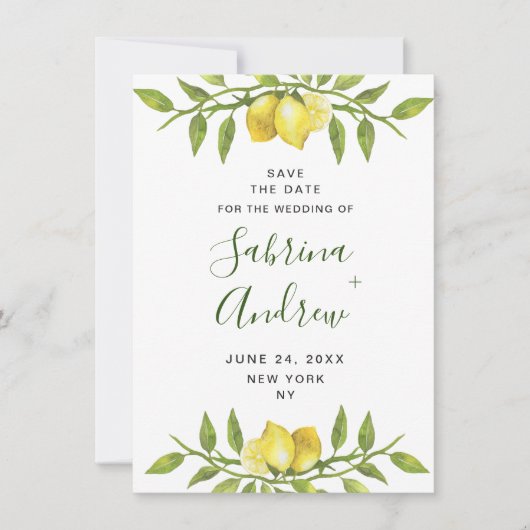 Elegant Waterverf Lemons Greenery Wedding Save The Date (Voorkant)