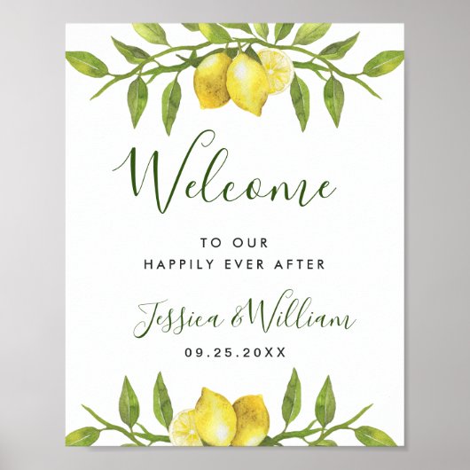 Elegant Waterverf Lemons Greenery Wedding Welkom Poster (Voorkant)