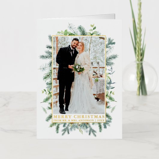 Elegant Waterverf Lijst Pas getrouwd Gold Folie Feestdagenkaart (Voorkant)