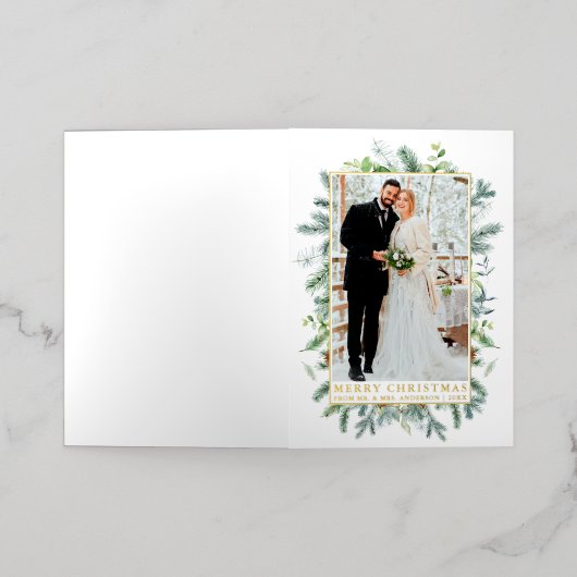 Elegant Waterverf Lijst Pas getrouwd Gold Folie Feestdagenkaart (Buiten Laag)