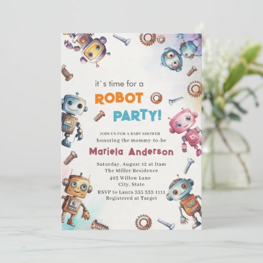 Elegant Waterverf Little Robots Baby shower Kaart (Staand voorkant)