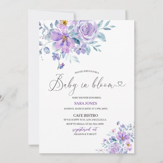 Elegant waterverf maan paarse bloemen baby in bl kaart (Voorkant)