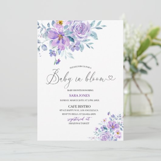 Elegant waterverf maan paarse bloemen baby in bl kaart (Staand voorkant)