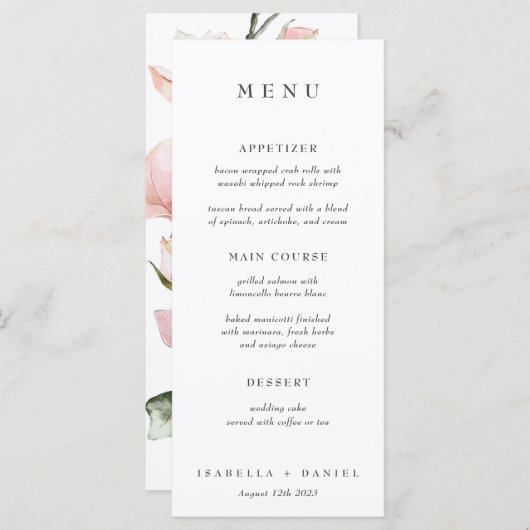 Elegant Waterverf Magnolia Botanical Wedding Menu (Voorkant / Achterkant)