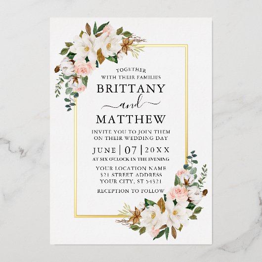 Elegant Waterverf Magnolias Rozen Weddenschap Gold Folie Uitnodiging (Voorkant)