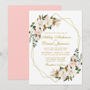 Elegant Waterverf Magnolias Rozen Weddenschap Gold Kaart