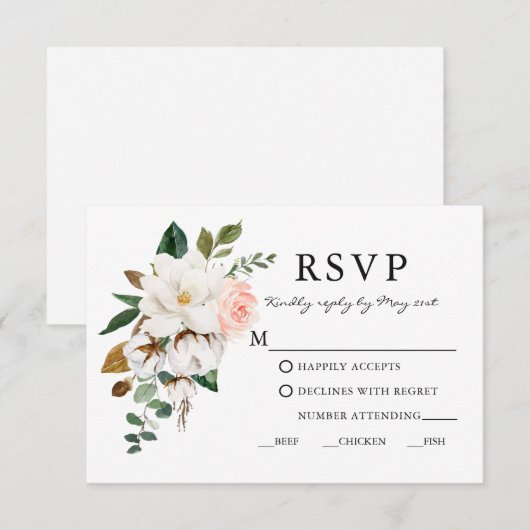 Elegant Waterverf Magnolias Rozen Weddenschap RSVP Kaartje (Voorkant / Achterkant)