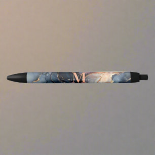 Elegant Waterverf Marmer Roze Blauw Goud Monogram Zwarte Inkt Pen