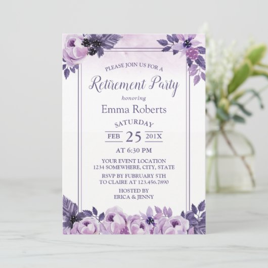Elegant Waterverf Mauve Floral Retirement Party Kaart (Staand voorkant)