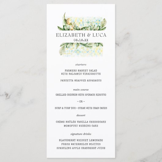 Elegant Waterverf Mediterranean Citrus Wedding Menu (Voorkant)