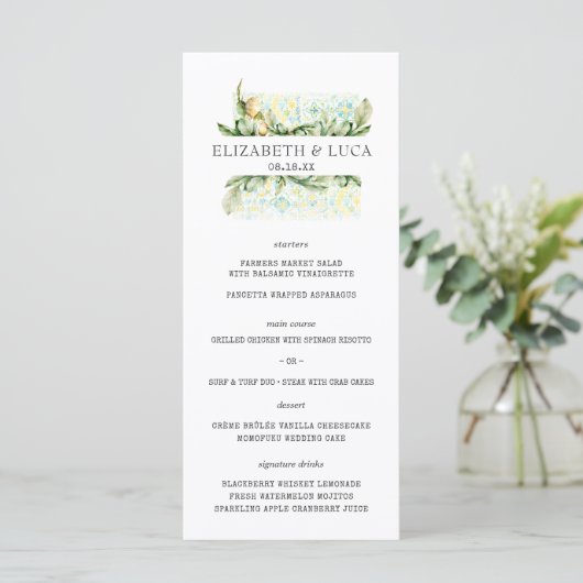 Elegant Waterverf Mediterranean Olive Wedding Menu (Staand voorkant)