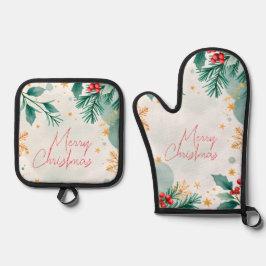 Elegant Waterverf Merry Kerstmis Ovenwant & Pannenlap Set