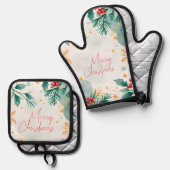 Elegant Waterverf Merry Kerstmis Ovenwant & Pannenlap Set (Voorkant / Achterkant)