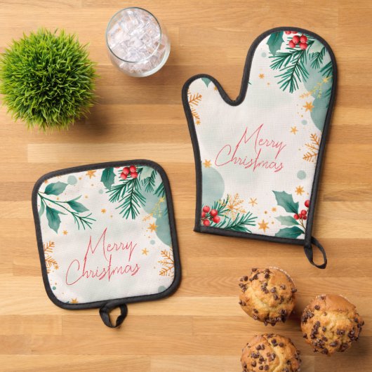 Elegant Waterverf Merry Kerstmis Ovenwant & Pannenlap Set (Top down)