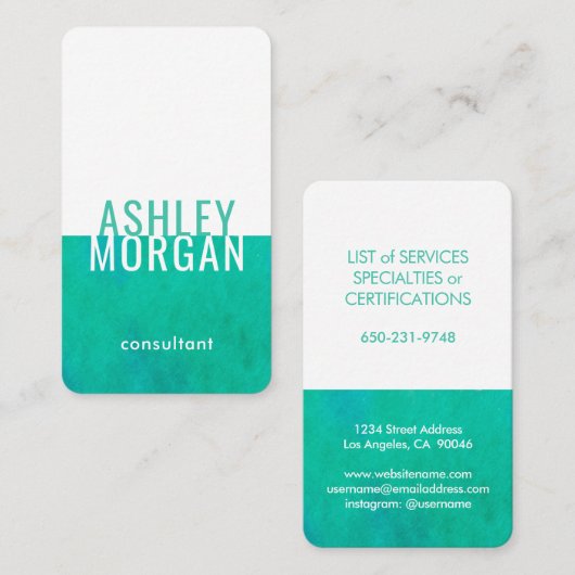 Elegant Waterverf Moderne Minimale Blauwgroen Vert Visitekaartje (Voorkant / Achterkant)