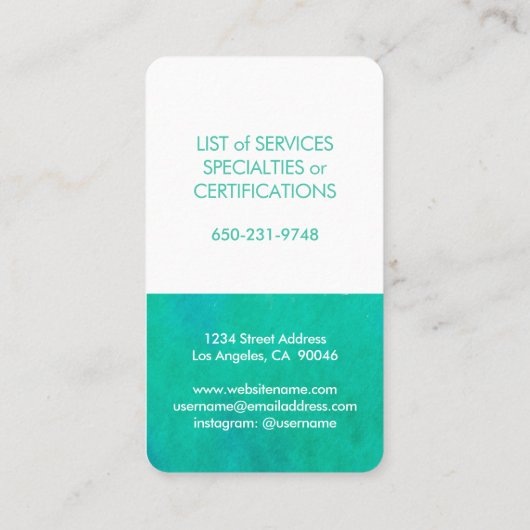 Elegant Waterverf Moderne Minimale Blauwgroen Vert Visitekaartje (Achterkant)