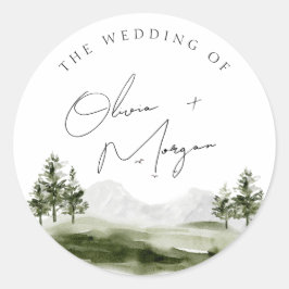 Elegant Waterverf Mountain Forest Wedding Ronde Sticker
