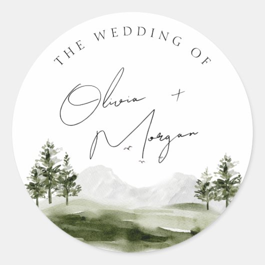 Elegant Waterverf Mountain Forest Wedding Ronde Sticker (Voorkant)