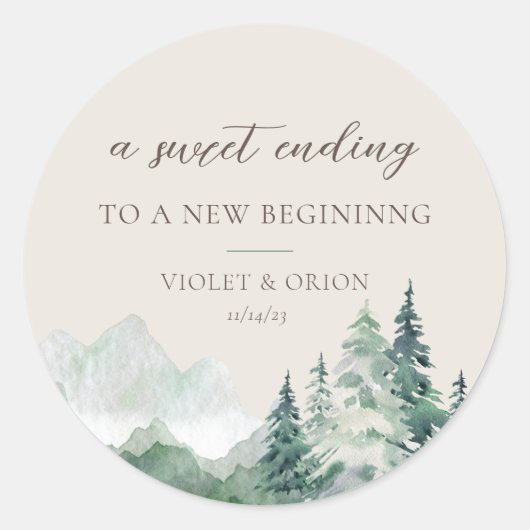 Elegant Waterverf Mountain Wedding Favor Stickers (Voorkant)