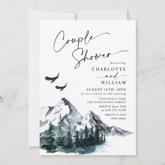 Elegant Waterverf Mountains Couple Shower Invitat Kaart (Voorkant)