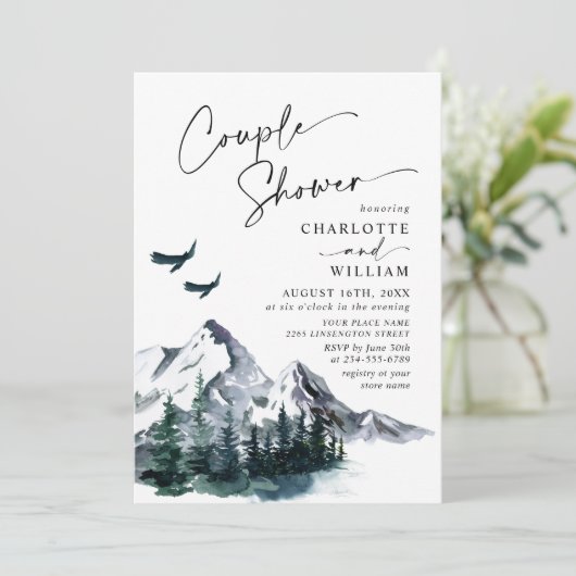 Elegant Waterverf Mountains Couple Shower Invitat Kaart (Staand voorkant)