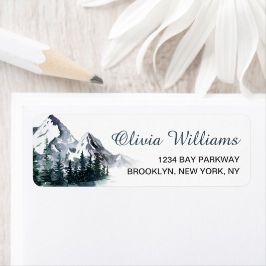 Elegant Waterverf Mountains Forest Landscape Labs Etiket (Insitu)