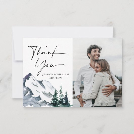 Elegant Waterverf Mountains Forest PHOTO Wedding Bedankkaart (Voorkant)