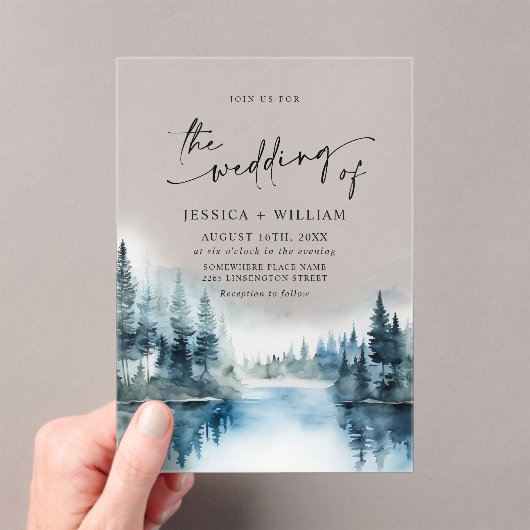 Elegant Waterverf Mountains Forest Wedding Acryl Uitnodigingen (Insitu (Draagbaar))