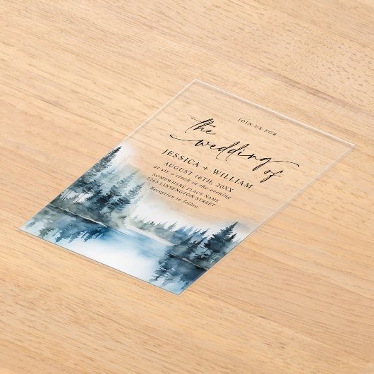 Elegant Waterverf Mountains Forest Wedding Acryl Uitnodigingen (Laagn)