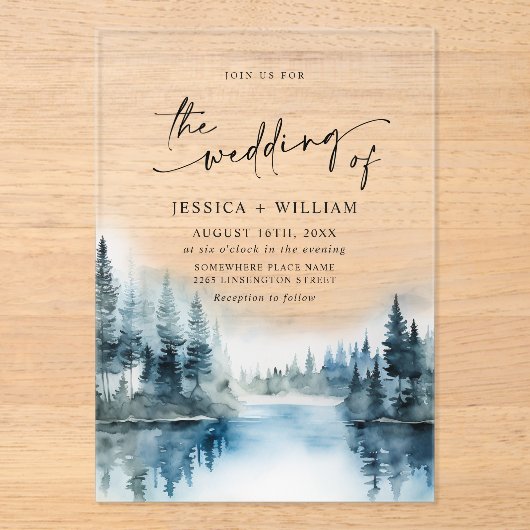 Elegant Waterverf Mountains Forest Wedding Acryl Uitnodigingen (Voorkant)