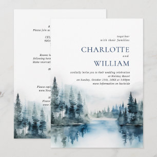 Elegant Waterverf Mountains Forest Wedding Kaart