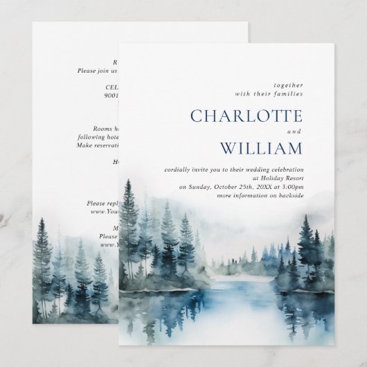 Elegant Waterverf Mountains Forest Wedding Kaart (Voorkant / Achterkant)