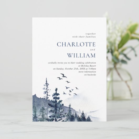 Elegant Waterverf Mountains Forest Wedding Kaart (Staand voorkant)