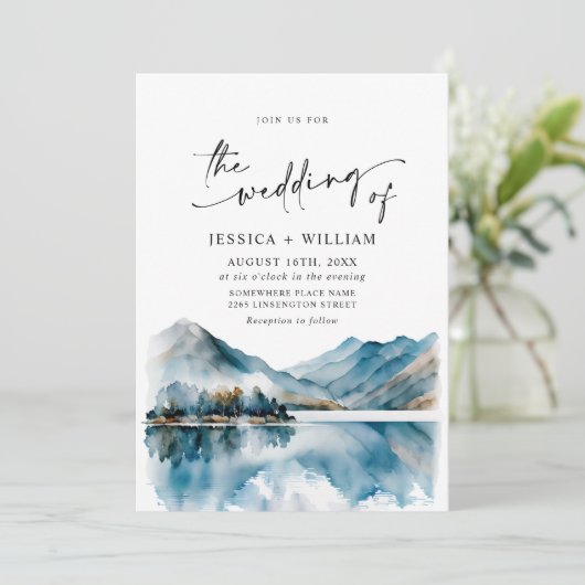 Elegant Waterverf Mountains Forest Wedding Kaart (Staand voorkant)