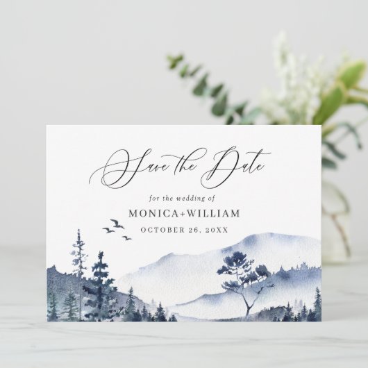 Elegant Waterverf Mountains Forest Wedding QR Save The Date (Staand voorkant)