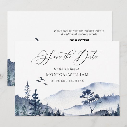 Elegant Waterverf Mountains Forest Wedding QR Save The Date (Voorkant / Achterkant)