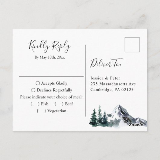 Elegant Waterverf Mountains Forest Wedding RSVP Briefkaart (Achterkant)