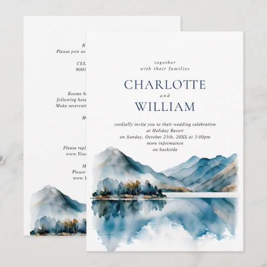 Elegant Waterverf Mountains Forest Wedding RSVP Kaart (Voorkant / Achterkant)