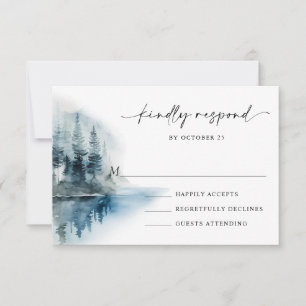 Elegant Waterverf Mountains Forest Wedding RSVP Kaartje