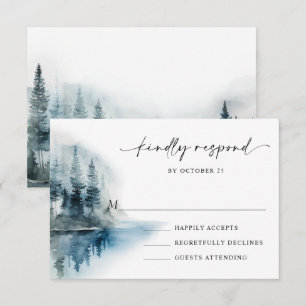Elegant Waterverf Mountains Forest Wedding RSVP Kaartje