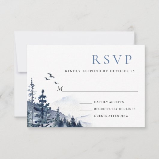 Elegant Waterverf Mountains Forest Wedding RSVP Kaartje (Voorkant)
