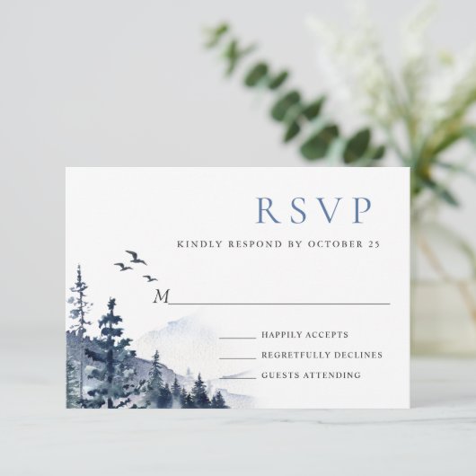 Elegant Waterverf Mountains Forest Wedding RSVP Kaartje (Staand voorkant)