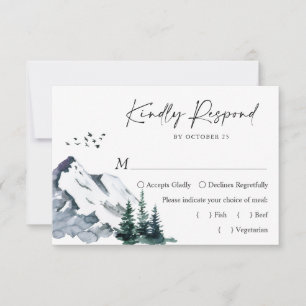 Elegant Waterverf Mountains Forest Wedding RSVP Kaartje