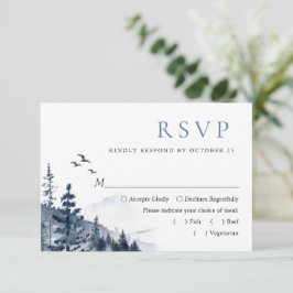 Elegant Waterverf Mountains Forest Wedding RSVP Kaartje