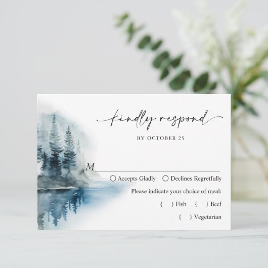 Elegant Waterverf Mountains Forest Wedding RSVP Kaartje (Staand voorkant)