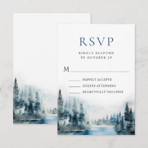 Elegant Waterverf Mountains Forest Wedding RSVP Kaartje